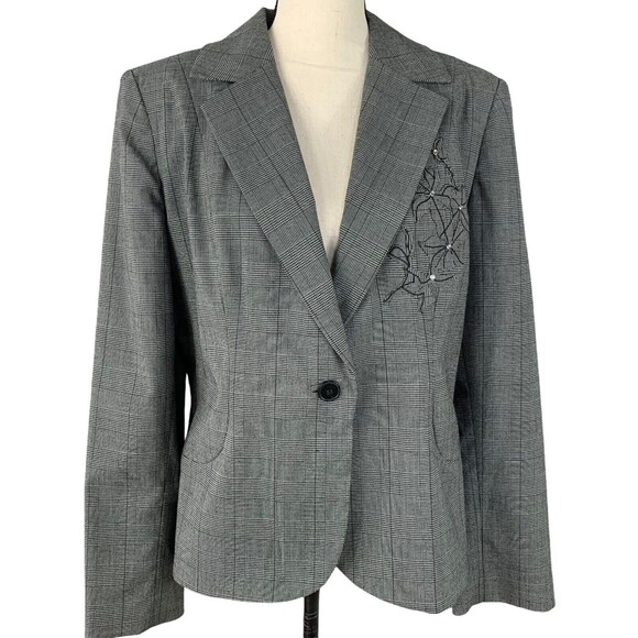 Oscar by Oscar de la Renta Jacket Women 14 Left Side Floral Gray Plaid 1 Button - Picture 1 of 9